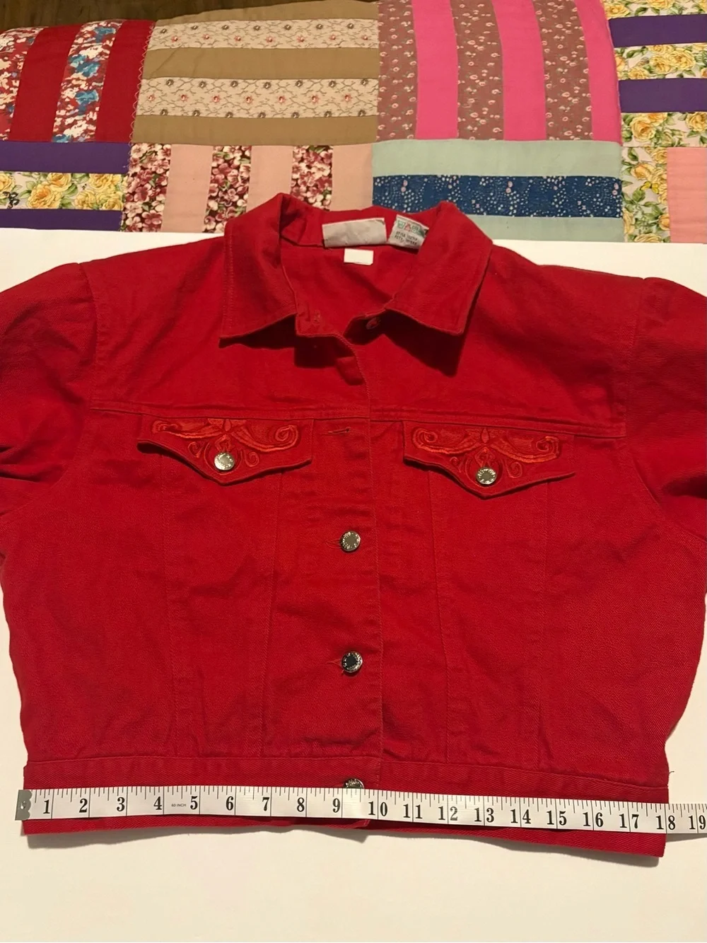 Vintage 90s Red Cropped Denim Jacket Boxy Retro Streetwear 2750, Sz 9/Medium. - Picture 15 of 16